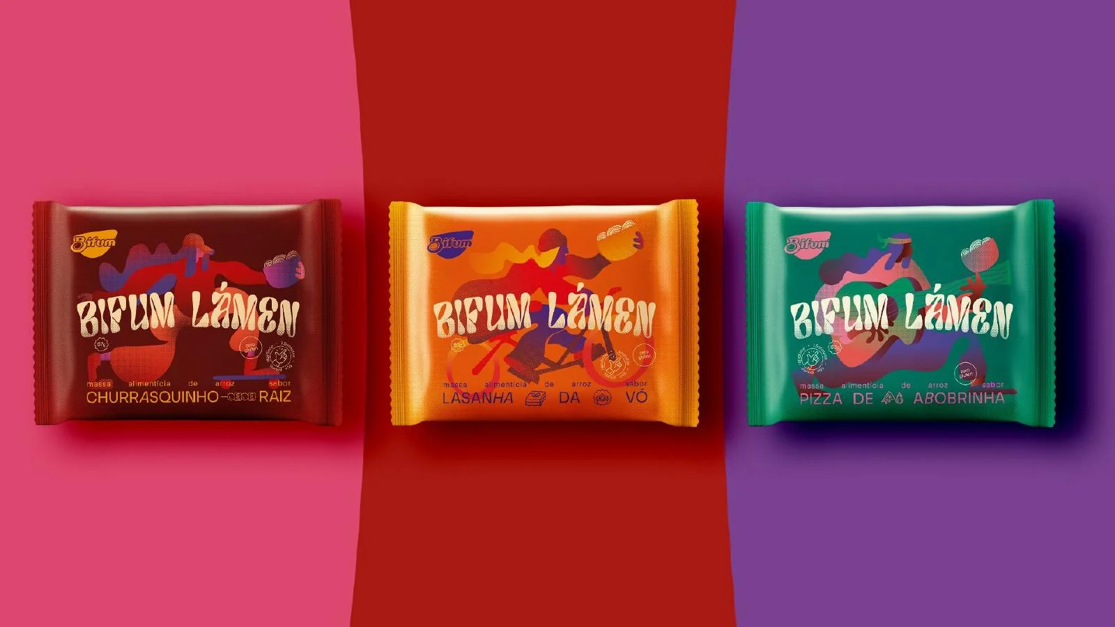 Três sabores de Bifum Lámen em embalagens coloridas