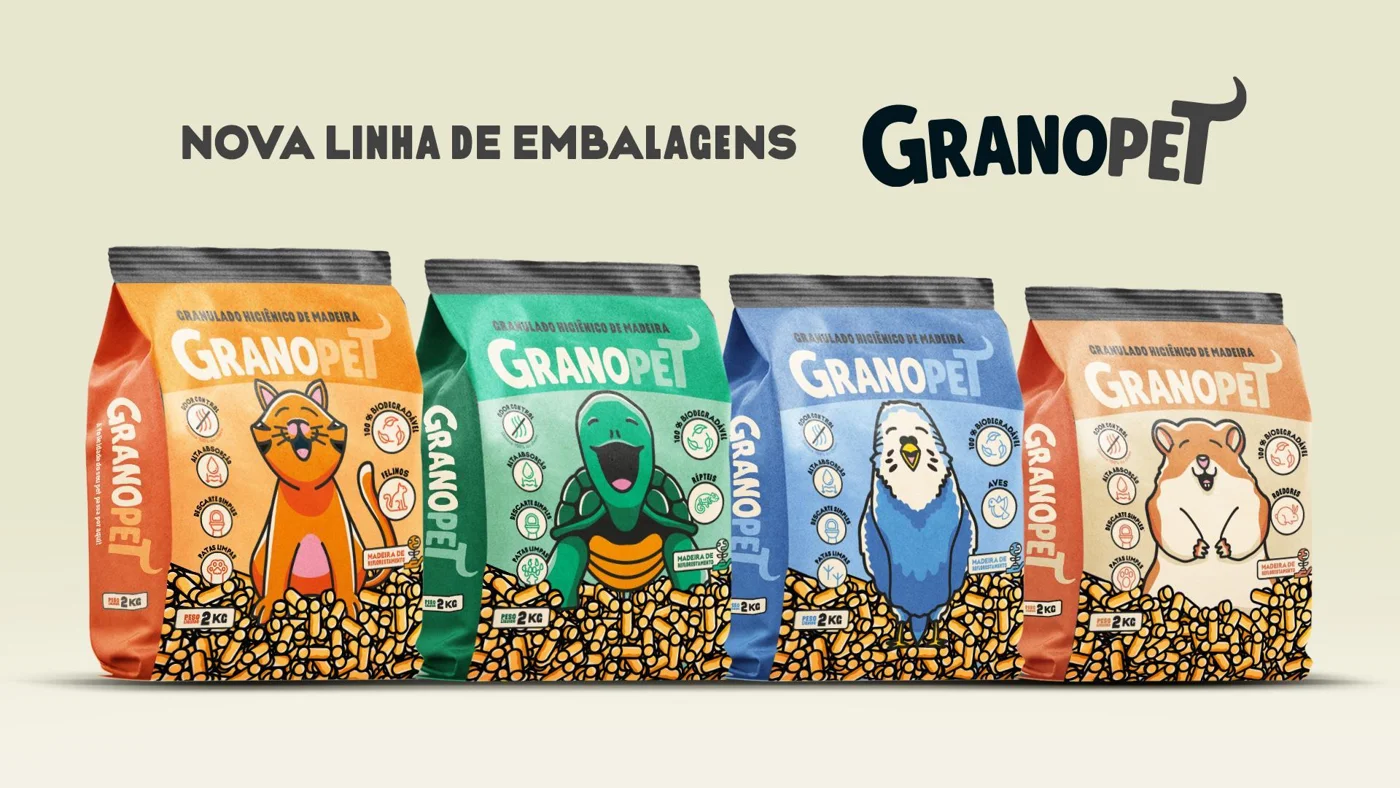 Nova linha de embalagens Granopet para gatos, répteis, aves e roedores