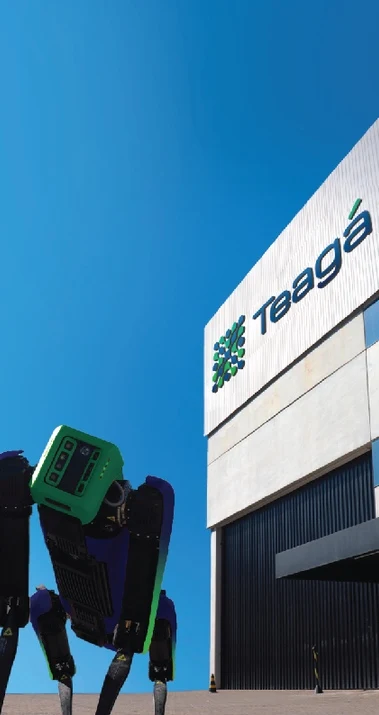 Fachada da Teagá com robô quadrúpede em primeiro plano